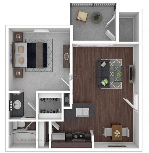 A floor plan of a small apartment with a kitchen, living room, and bathroom.